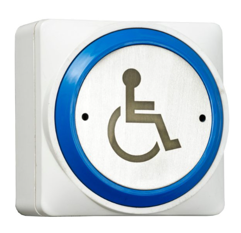 STP-SPB020S - Surface blue rim plastic exit button with disabled logo