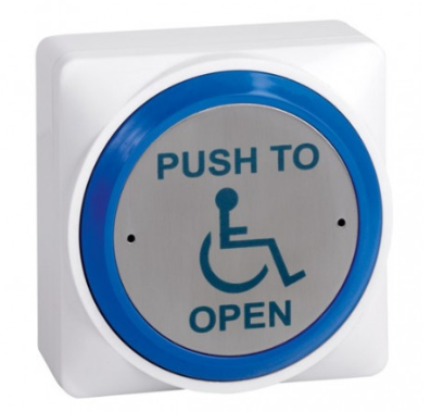 STP-SPB020S - Surface blue rim plastic exit button with disabled logo