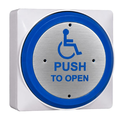 STP-SPB009S - Surface blue rim s/steel w/proof exit button disabled logo